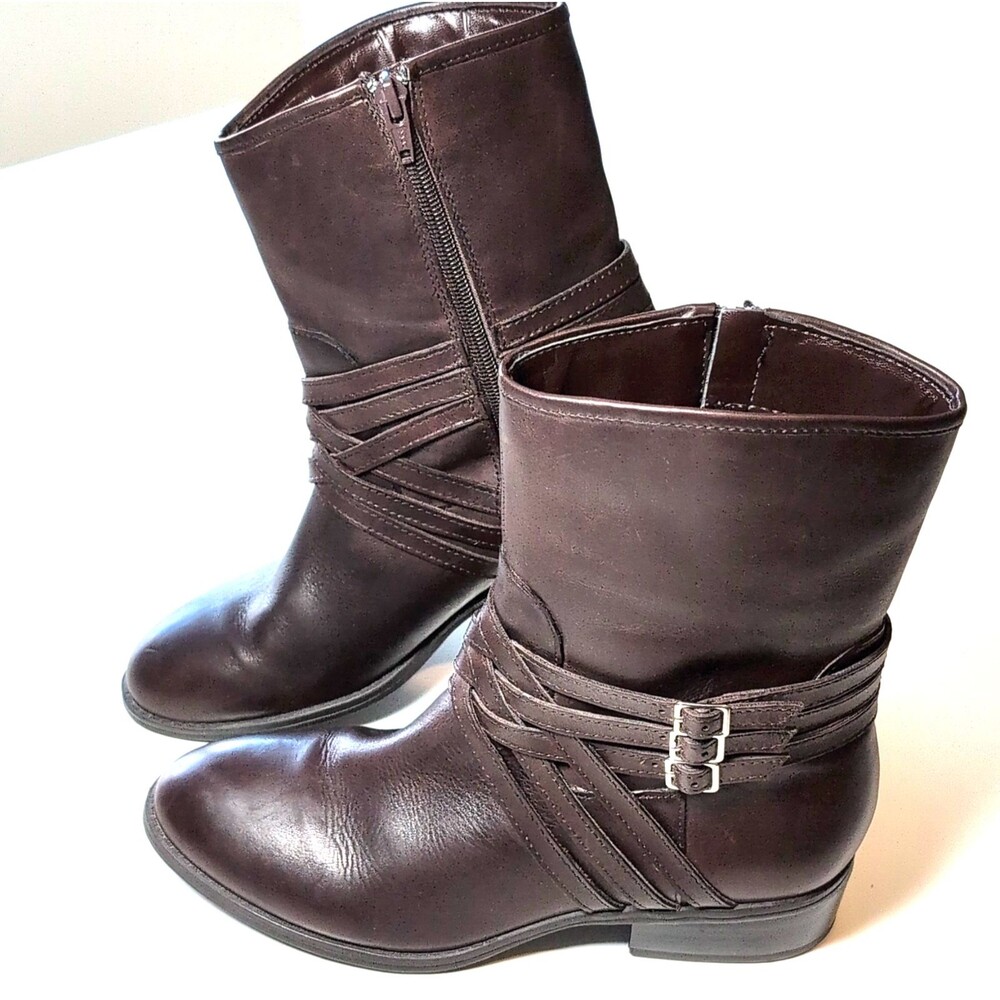 Women's Lauren Ralph Lauren Maya Brown Leather Mid-Calf Boots Buckle Zip